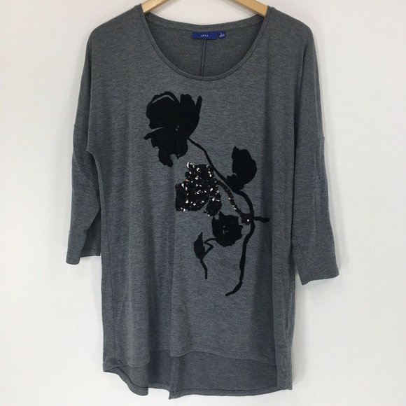 Apt 9 L Large Blouse Gray Black Floral Felt Sequin Print Dolman Drop Sleeve Grey - Picture 2 of 6